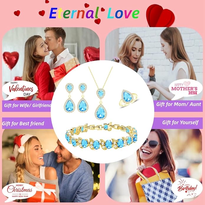 LMXXVJ Teardrop Jewelry Set for Women，Necklace Earrings Adjustable Ring Bracelet Set Fashion Formal Platinum/Gold/Rose Gold Jewelry Gift Girl/Mom/Wife/Grandmother/Best Friend/Aunt