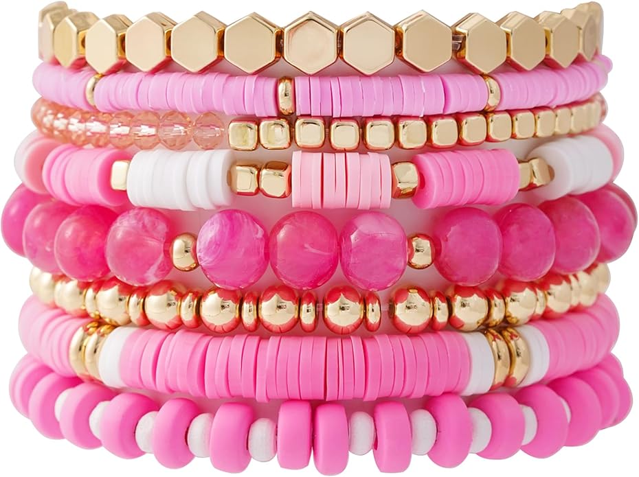 GOOJIDS Surfer Heishi Clay Bead Bracelets for Women Bohemian Stackable Gold Plated Beaded Stretch Bracelets Elastic Layering Friendship Bracelets Set Boho Jewelry