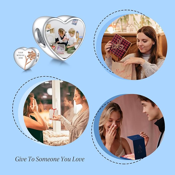 Annmors Personalized Photo Charm for Bracelet Necklaces,925 Sterling Silver Charm Love Heart Shaped Engraved Customize Picture Gift for Birthday Mother's Day Christmas,Bead Charms Jewelry for Women