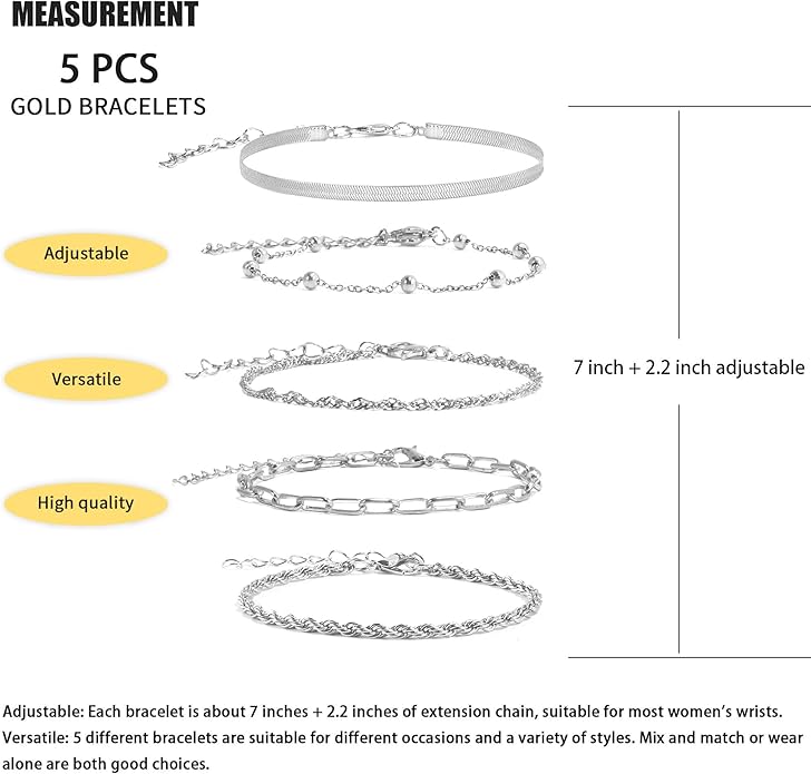 VIBILIA Dainty Gold Chain Bracelet for Women Trendy Stackable Adjustable Layered Metal Bracelet Gold Plated Twist Link Figaro Chain Paperclip Bracelets Fashion Jewelry