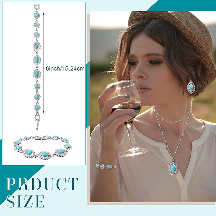 Haysandy 4 Pcs Turquoise Western Jewelry Sets for Women Bohemian Vintage Concho Necklace Classic Dangle Earrings Bracelet Belt