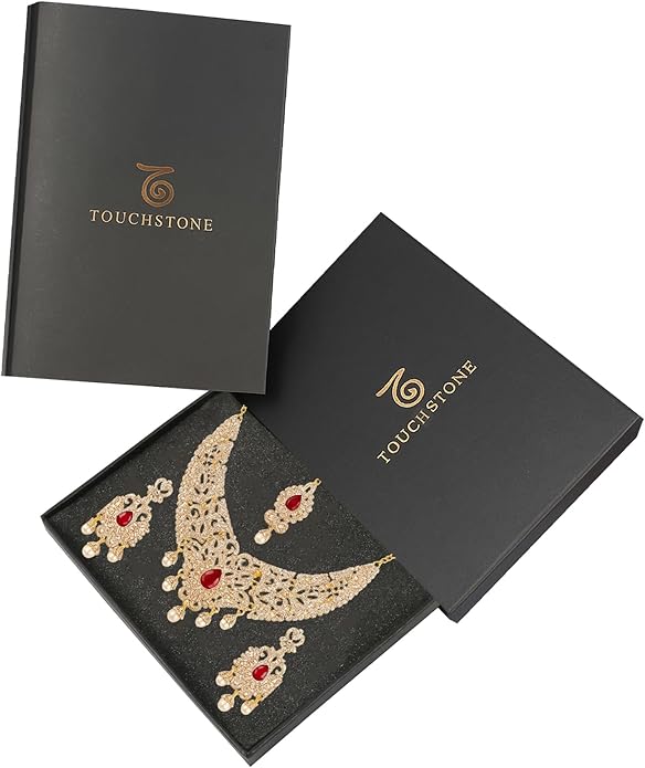 Touchstone Indian jewelry sets for women tikka wedding necklace costume guest statement bollywood rhinestones crystal faux pearls gold big royal neck piece set bridal fashion accessories