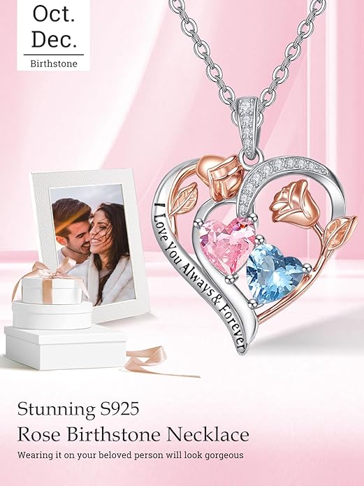 Valentine's Day Gifts for Wife 925 Sterling Silver Double Birthstone Pendant Necklaces I Love You for Always and Forever Necklace Anniversary Birthday Gifts for Wife Girlfriend Mom Her