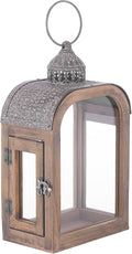 11" High Farmhouse Decorative Lantern, Glass and Metal, Distressed Brown Wood by Unknown