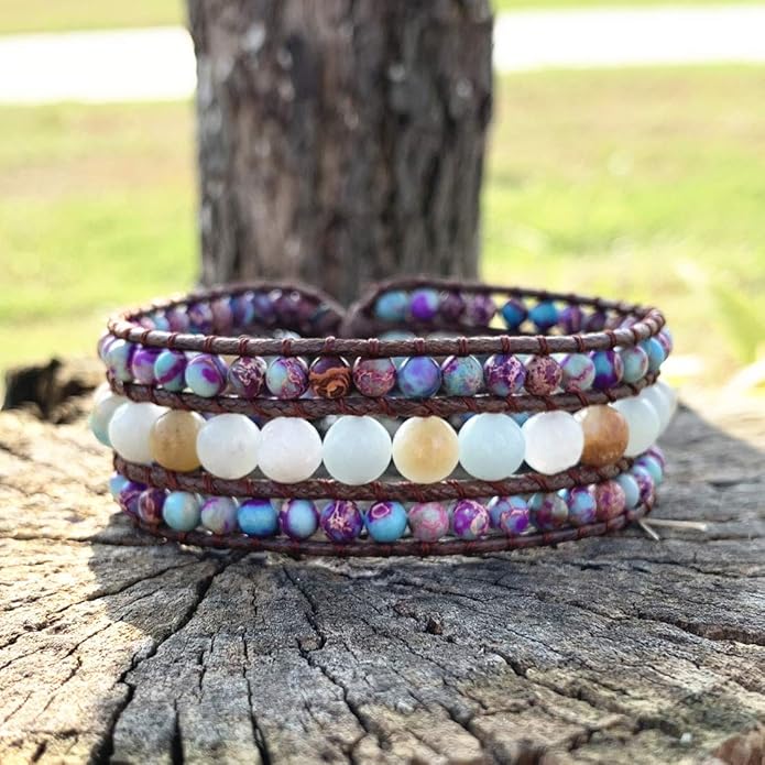 YGLINE Boho Handmade Natural Stone Bead 3 Row Wide Wrap Wrist Statment Bracelet Jewelry Collection