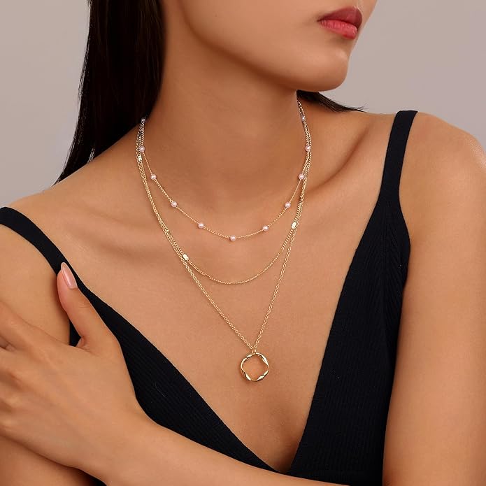 Evabelle Gold Layered Necklace for Women Trendy Jewelry 14K Real Gold Plated Chunky Chain Stackable Necklaces Dainty Choker Necklaces Rectangle Square Pendant