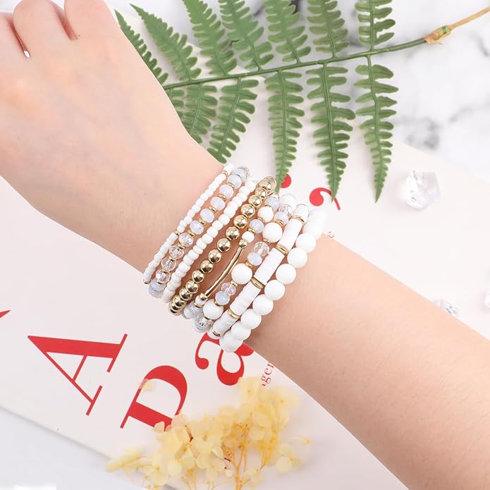 Bohemian Colorful Beaded Bracelets for Women Boho Stackable Natural Stone Letter Clay Glass Beads Stretch Bracelet Set with Charm, Cute Rainbow Friendship Bracelets for Summer Vacation
