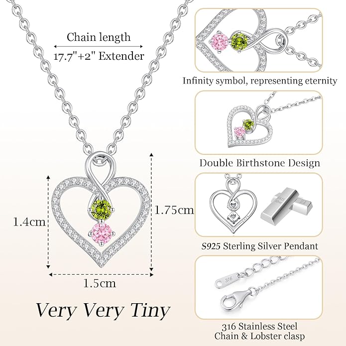LOUISA SECRET Infinity Double Birthstone Necklace, 925 Sterling Silver Tiny Pendant Heart Necklace for Women Wife Her, Best Jewelry Gift Heart Jewelry Meaningful Gift for Valentine's Day, Christmas, Birthday Anniversary