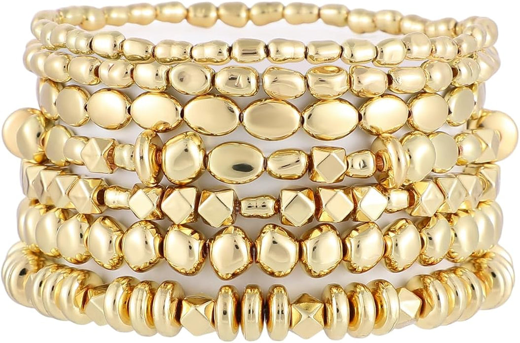 Gold Plated Beaded Bracelets for Women Trendy, 14K Gold Plated Stack Cross Pearl Gold Plated Bead Stretch Bracelets Set Elastic Hypoallergenic Bracelets Jewelry Gifts
