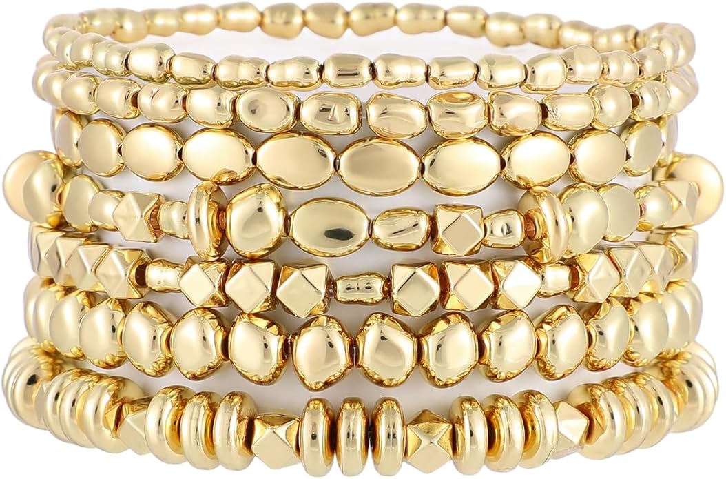Gold Plated Beaded Bracelets for Women Trendy, 14K Gold Plated Stack Cross Pearl Gold Plated Bead Stretch Bracelets Set Elastic Hypoallergenic Bracelets Jewelry Gifts