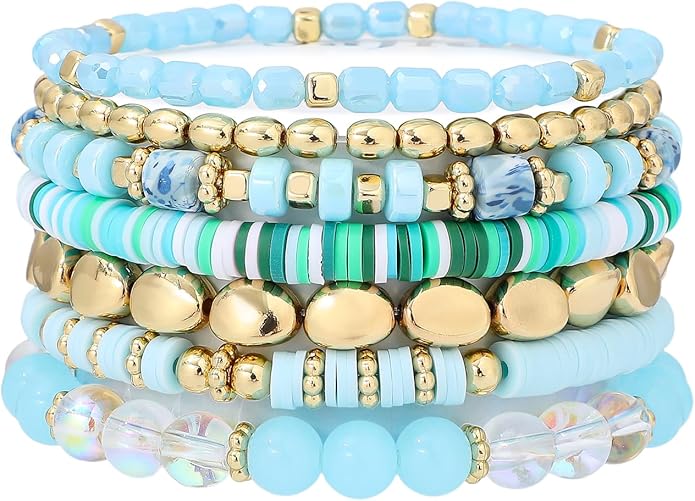 GOOJIDS Surfer Heishi Clay Bead Bracelets for Women Bohemian Stackable Gold Plated Beaded Stretch Bracelets Elastic Layering Friendship Bracelets Set Boho Jewelry