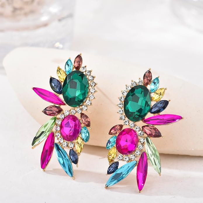 Vintage Rhinestone Statement Earrings Fancy Crystal Cluster Drop Dangle Earrings for Women