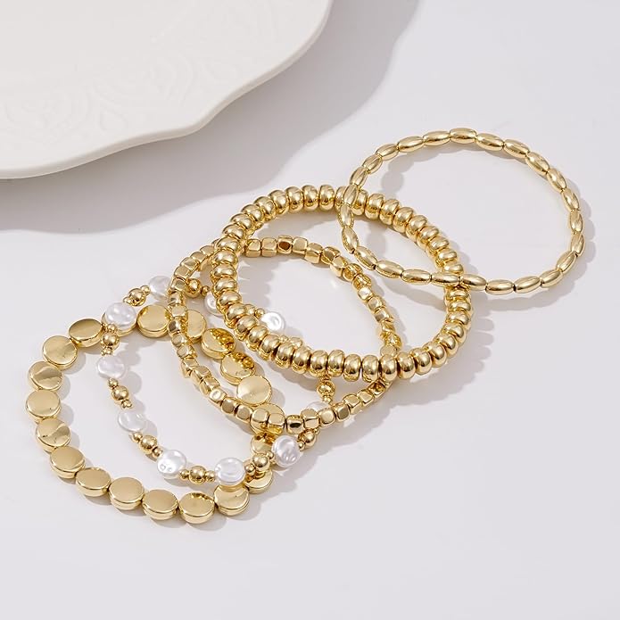 Gold Plated Beaded Bracelets for Women Trendy, 14K Gold Plated Stack Cross Pearl Gold Plated Bead Stretch Bracelets Set Elastic Hypoallergenic Bracelets Jewelry Gifts