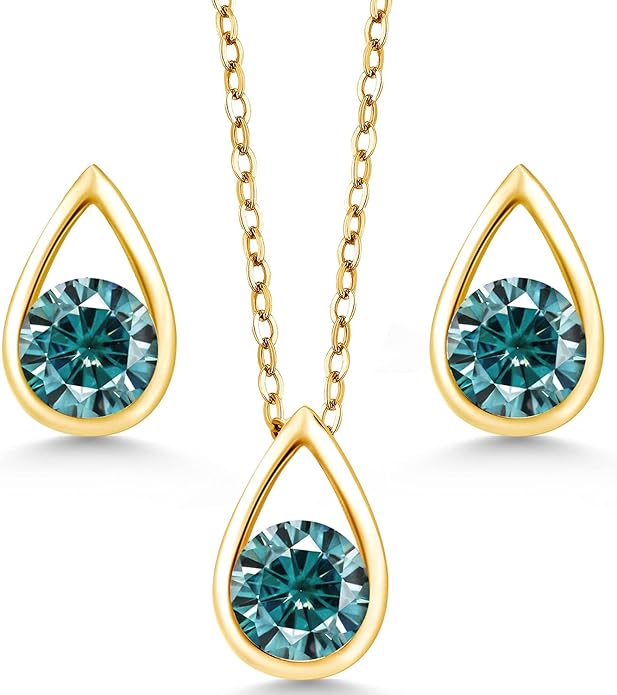 Gem Stone King 18K Yellow Gold Plated Silver 5MM Round Gemstone Birthstone Teardrop Pendant Earrings Set | Jewelry Set for Women | With 18 Inch Chain