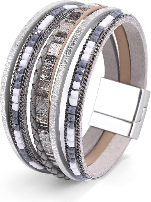 Wrapped Bracelets for Women,Leather Bracelet,Boho Bracelets for Women,Multi-Layer Pearl Crystal Bracelet Bangle Jewelry