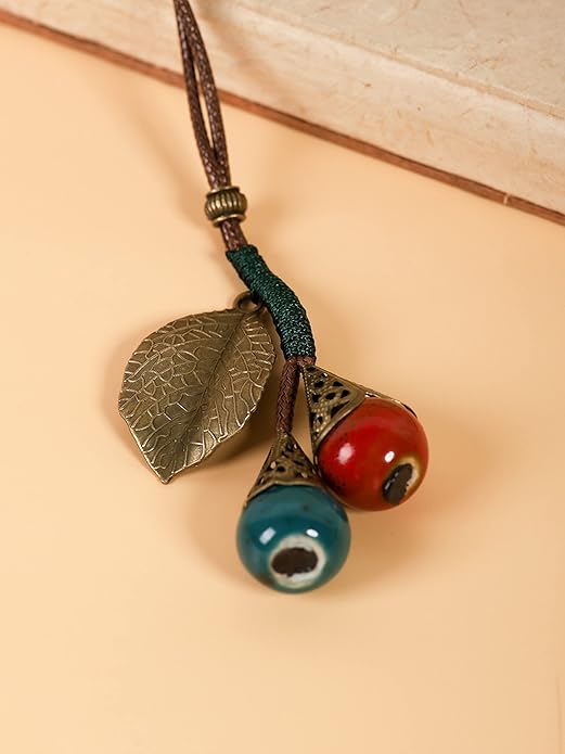 MINACHI Vintage Bohemian Leaf Charm Colorful Ceramic Bead Long Y Necklace, Boho Jewelry Gift for Women