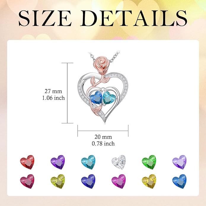 Rose Flower Heart Pendant for Women Birthday Gifts 18k Gold Plated Mother Daughter Necklace with 12 Months Birthstone Christmas Valentines Day Gifts for Her Mom Anniversarry Jewelry for Mom Wife Girlfriend