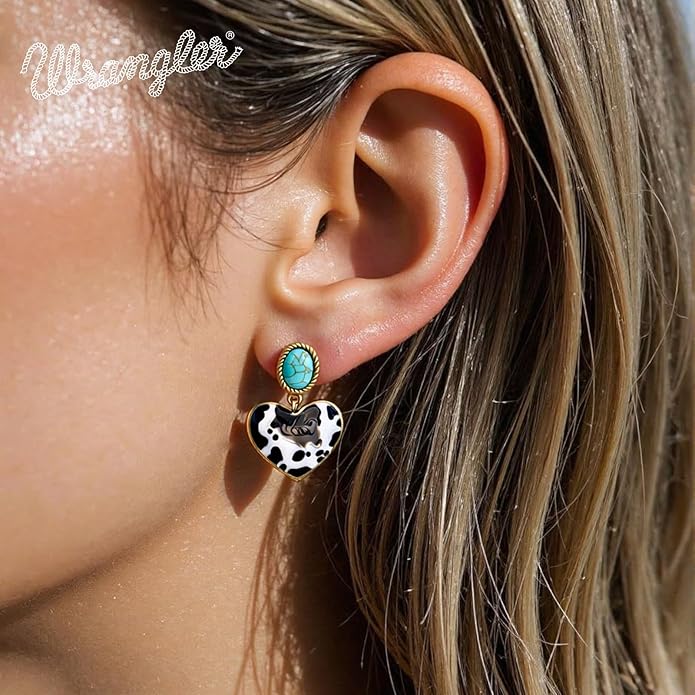 Wrangler Western Heart Drop Dangle Earrings for Women Statement 14k Gold Turquoise Cow Print Cowgirl Trendy Jewelry
