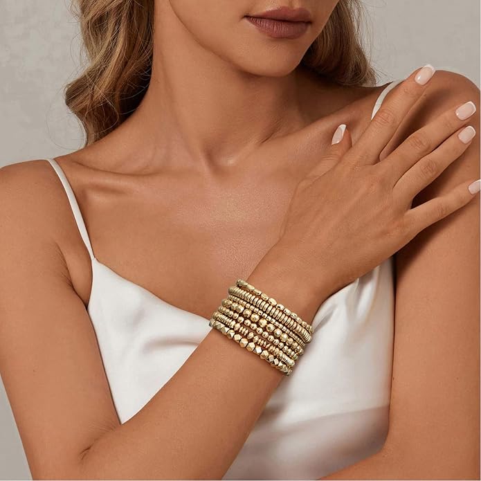 Gold Plated Beaded Bracelets for Women Trendy, 14K Gold Plated Stack Cross Pearl Gold Plated Bead Stretch Bracelets Set Elastic Hypoallergenic Bracelets Jewelry Gifts