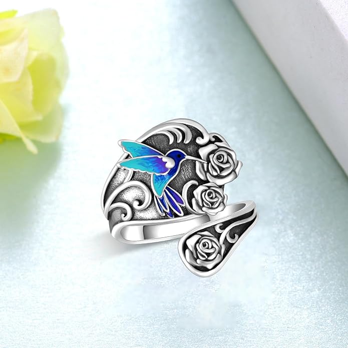 Spoon Rings for Women 925 Sterling Silver Hummingbird/Butterfly/Bee/Red Cardinal/Pink Flamingo Adjustable Thumb Rings Vintage Boho Antique Jewelry Gifts