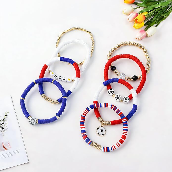 Game Day Bracelets for Women, Stackable Heishi Beaded Stretch Soccer Bracelet Soccer, World Soccer Cup Team Color Accessories & Outfits Jewelry, Soccers Dads Moms Coaches Fans Gifts