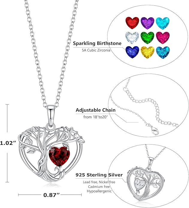 Tree of Life Necklaces for Women 925 Sterling Silver Heart Pendant Birthstone Necklace Created Gemstone Jewelry for Her, 18"+2"