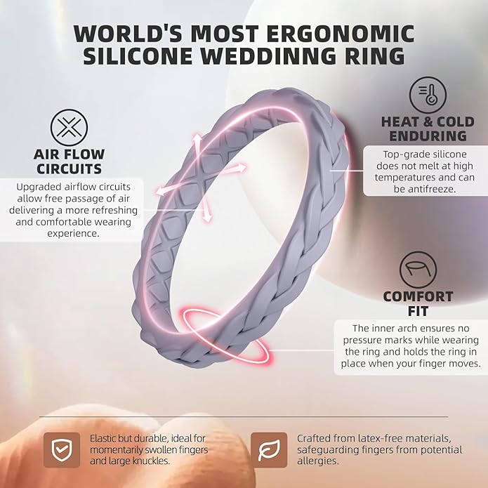 Egnaro Women's Wedding Bands, Silicone Thin and Stackable Rubber Engagement Ring, Variety Multipack With Breathable Grooves Workout Accessories