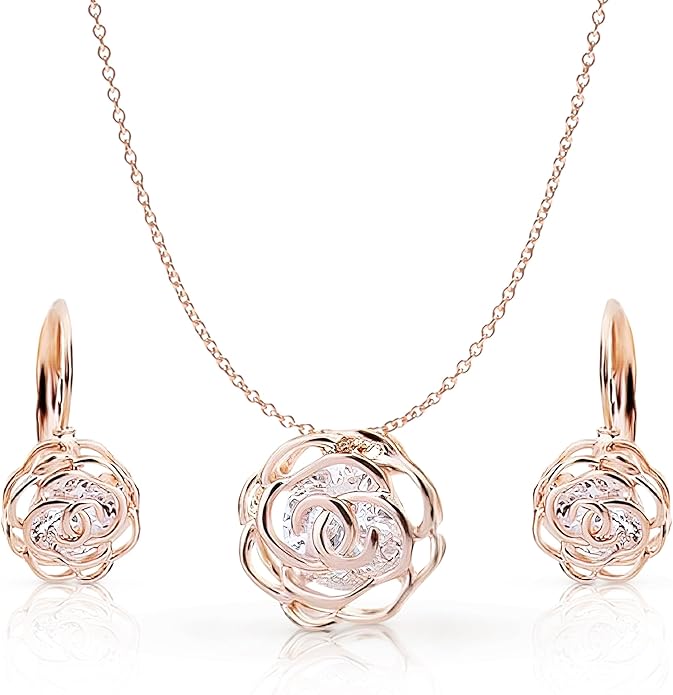 Crystalline Azuria Women 18K Gold Plated White Crystal Roses Flowers Necklace and Earrings Set for Women Wedding Party Bridal Bridesmaid Accessories