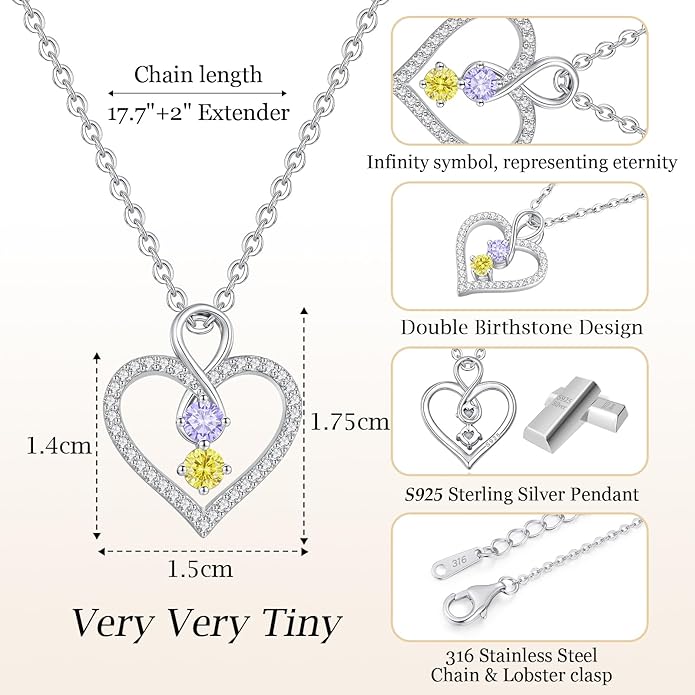 LOUISA SECRET Infinity Double Birthstone Necklace, 925 Sterling Silver Tiny Pendant Heart Necklace for Women Wife Her, Best Jewelry Gift Heart Jewelry Meaningful Gift for Valentine's Day, Christmas, Birthday Anniversary