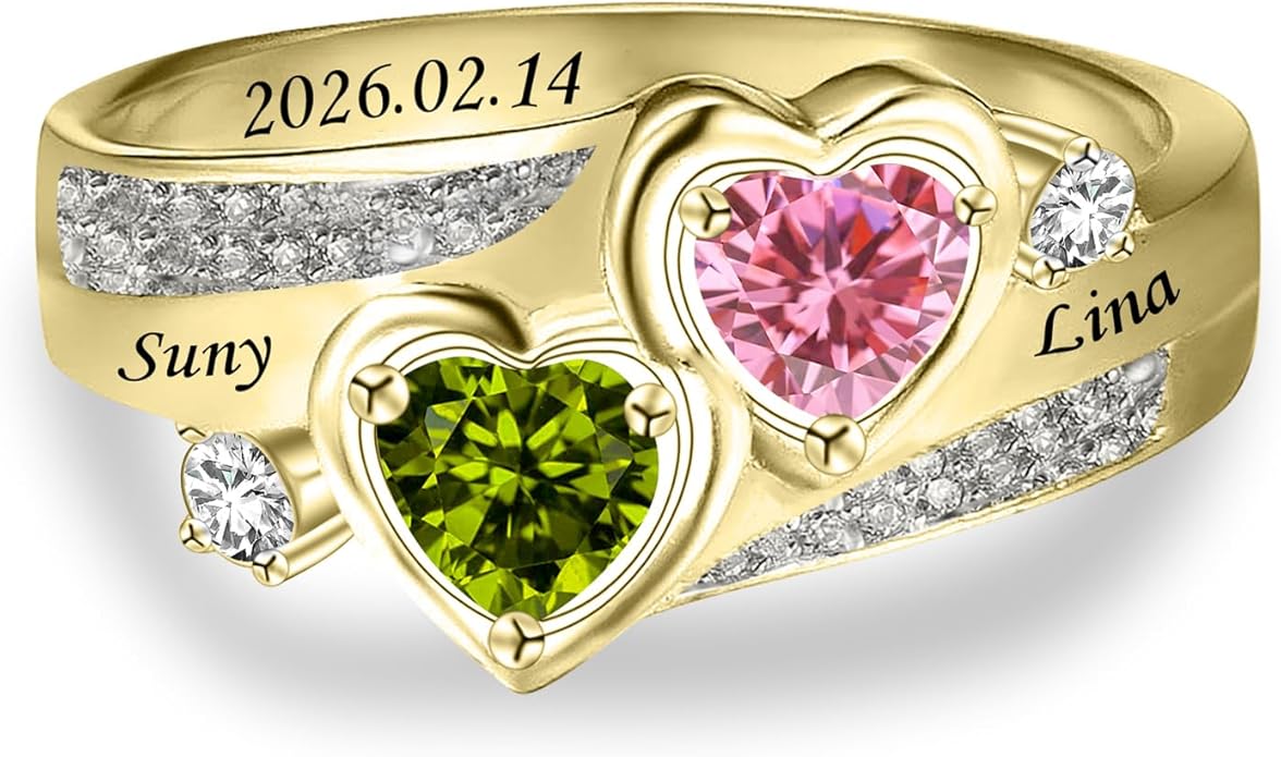 Personalized Heart Birthstone Rings for Women with 2 Birthstones Custom Name Rings for Couple Mother Daughter Jewelry Gift for Mother Her Christmas
