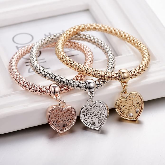 Crystal Charms Multilayer Bracelets - 3PCS Gold/Silver/Rose Gold Corn Chain Bracelet for Women, Tree of Life Heart Shaped Stretch Bracelet