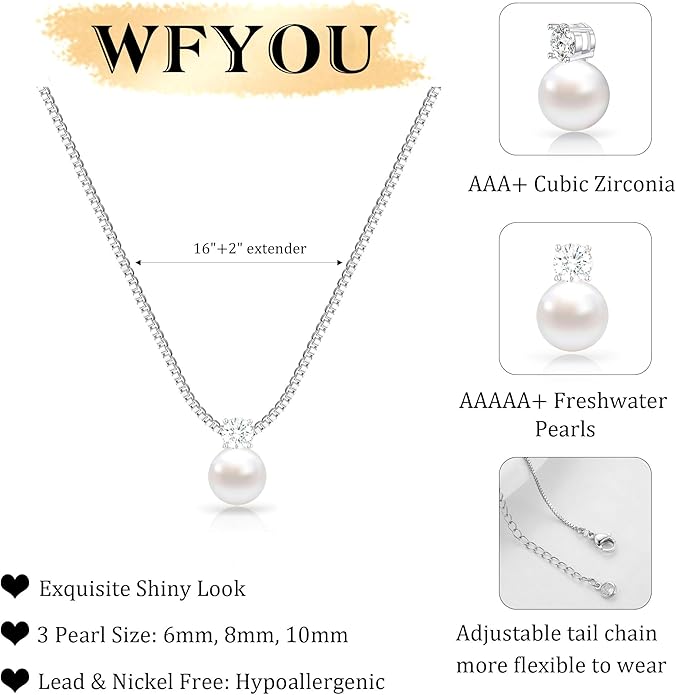 WFYOU Pearl Necklaces for Women Trendy 6MM 8MM 10MM Dainty Round Natural Freshwater Pearl Necklace Silver 14K Gold Plated CZ Pearls Necklaces for Women Birthday Bridesmaid Wedding Gifts Pearl Jewelry