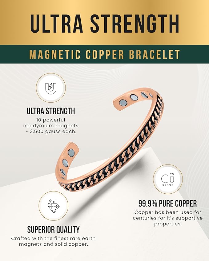 MagnetRX® Copper Magnetic Bracelets – Effective Pure Copper Bracelet for Men and Women – Copper Cuff Adjustable Magnetic Bracelet Bangles (Curb Chain Inlay)
