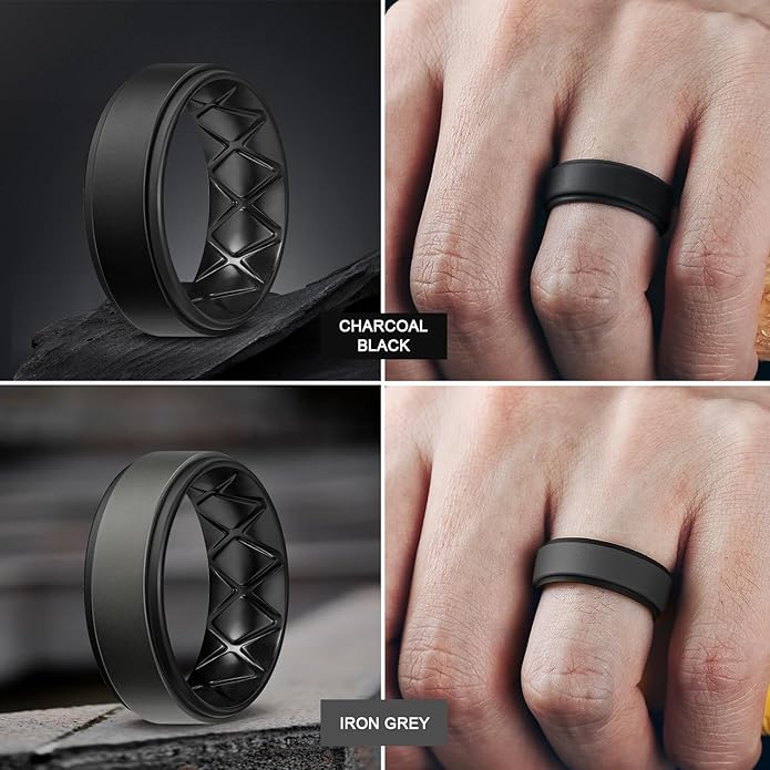 Egnaro Silicone Rings for Men 1/4/5/6/7 Multipack of Breathable Mens Silicone Rubber Wedding Rings Bands - Step Edge