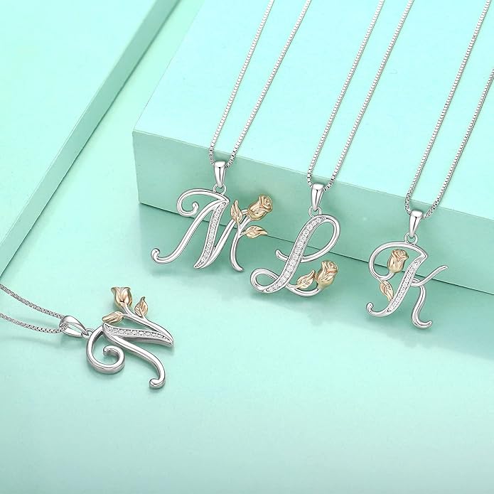 STARCHENIE Initial Necklace for Women Sterling Silver Letters 26 Alphabet Pendant Rose Flower Jewelry Gifts for Family Sisters Friend