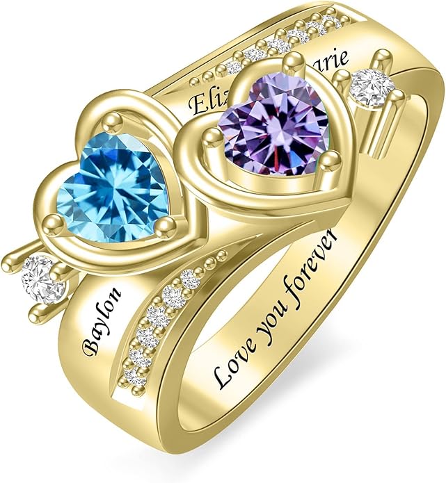 Personalized Heart Birthstone Rings for Women with 2 Birthstones Custom Name Rings for Couple Mother Daughter Jewelry Gift for Mother Her Christmas