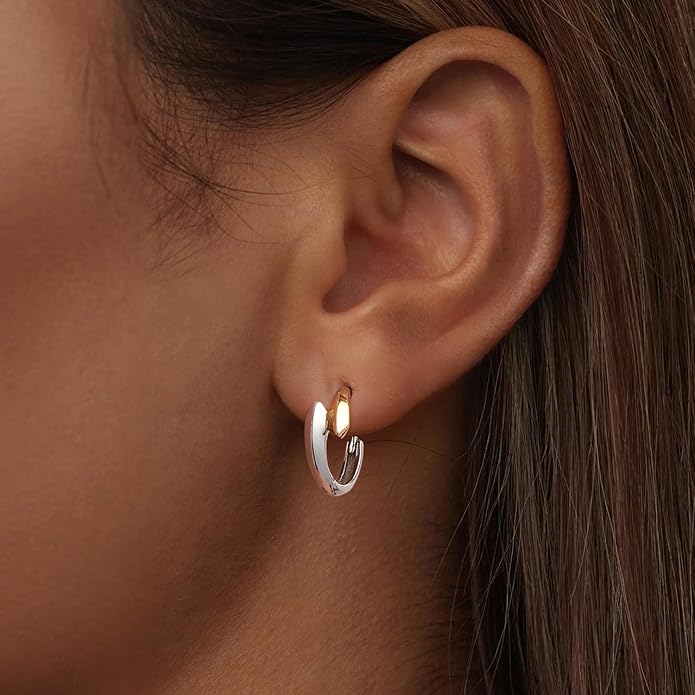 WOSTU 14K Gold Plated Two-Tone Oval Hoop Earrings for Women, Water Drop Design Lightweight Huggie Earrings,925 Sterling Silver Posts Double Drop Chunky Hoops Hypoallergenic Ear Buckles