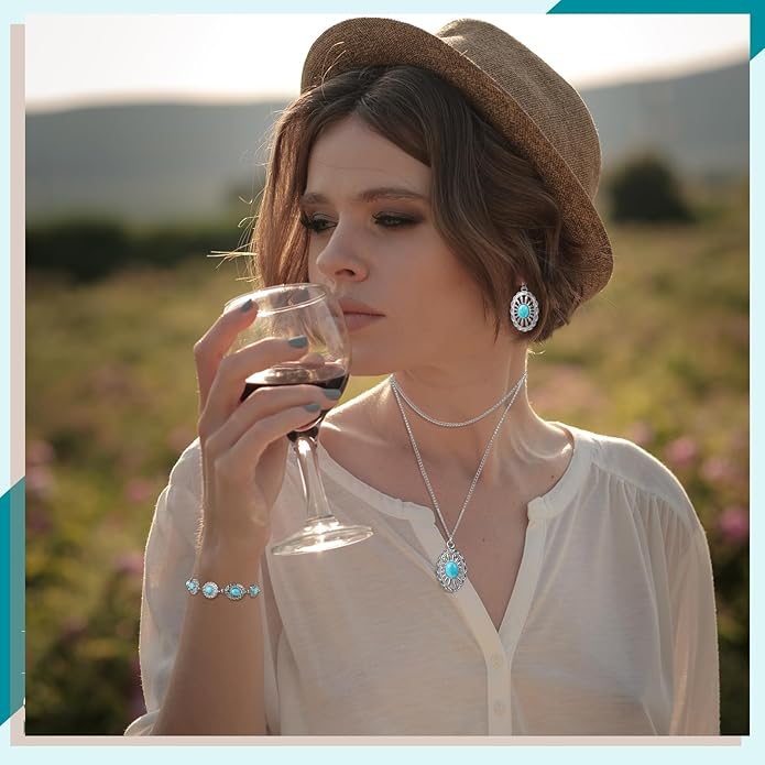 Haysandy 4 Pcs Turquoise Western Jewelry Sets for Women Bohemian Vintage Concho Necklace Classic Dangle Earrings Bracelet Belt