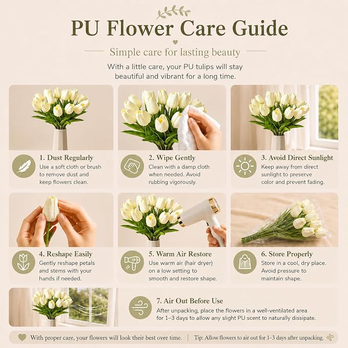 Mandy's 20pcs Artificial Cream Tulips | 13.5 Inch Lifelike PU Tulips Faux - Image 6