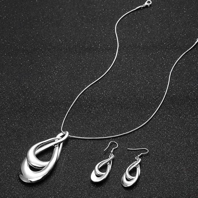 Madison Tyler Gold Plated Jewelry Set for Women | Silver Teardrop Pendant Necklace Trendy | Long Necklace with Snake Chain | Fashion Dangle Earring Set