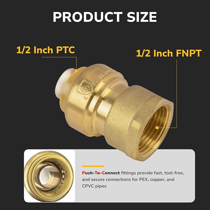 1/2" PTC to 1/2" NPT Female Adapter Push-Fit, Push to Connect Brass Plumbing - Image 2