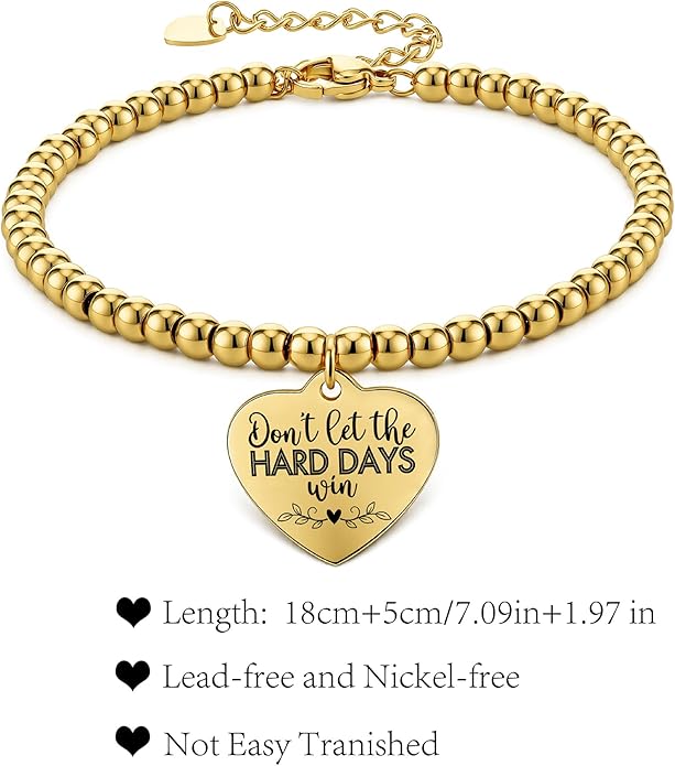 Beaded Gold Bracelet for Women Stretch Handmade Ball Charm Gifts for Women Dainty Don't Let The Hard Days Win Jewelry Charm Gifts for Her