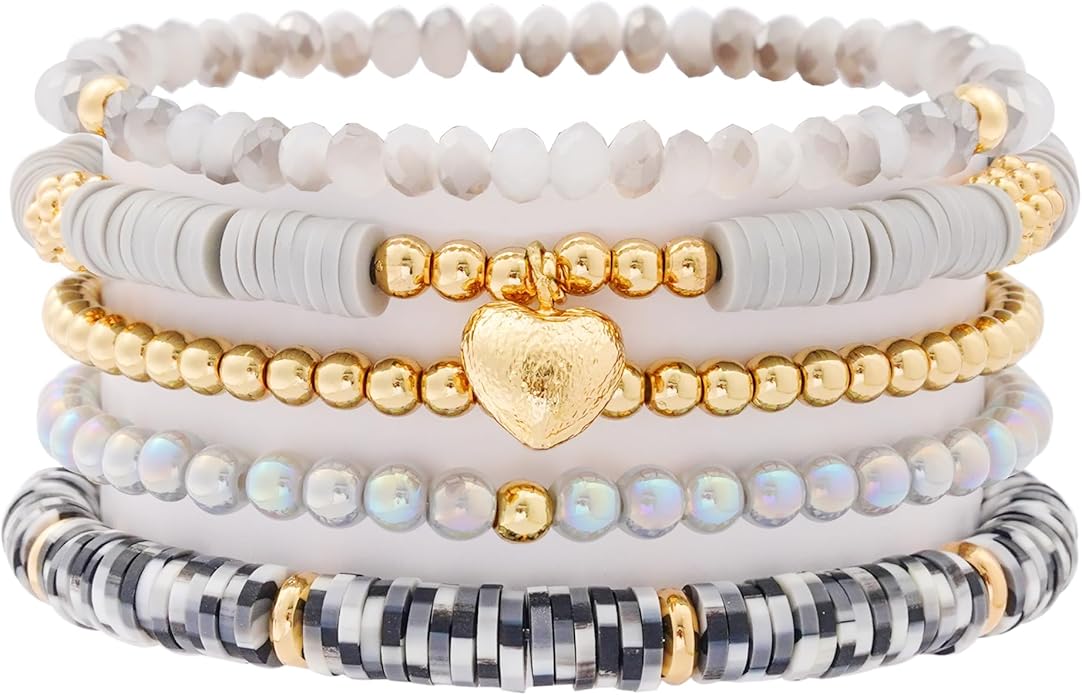 Heishi Beaded Stretch Bracelets for Women Stackable Polymer Clay Beads Bracelets Friendship Boho Summer Beach Bracelet Jewelry Set