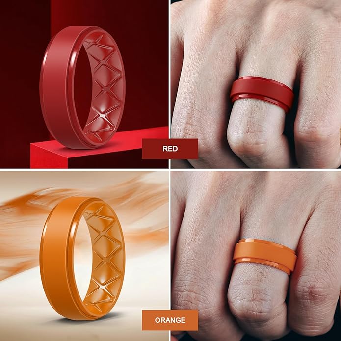 Egnaro Men's Rings 8.5mm Wide-2mm Thick Inner Arc Ergonomic Breathable Rubber Wedding bands-Hypoallergenic for Gym/Outdoor/Gift((1-7 Variety Pack with Half Size)