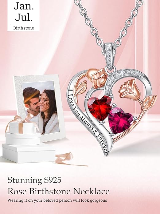Valentine's Day Gifts for Wife 925 Sterling Silver Double Birthstone Pendant Necklaces I Love You for Always and Forever Necklace Anniversary Birthday Gifts for Wife Girlfriend Mom Her