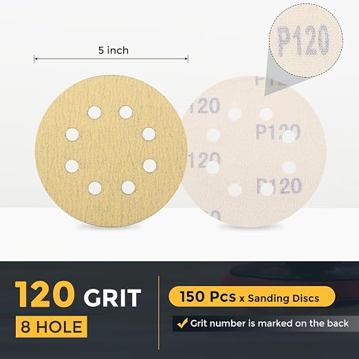 HARFINGTON 150Pcs 5Inch Sanding Discs 120Grit Yellow Aluminum Oxide 8 Hole | - Image 2