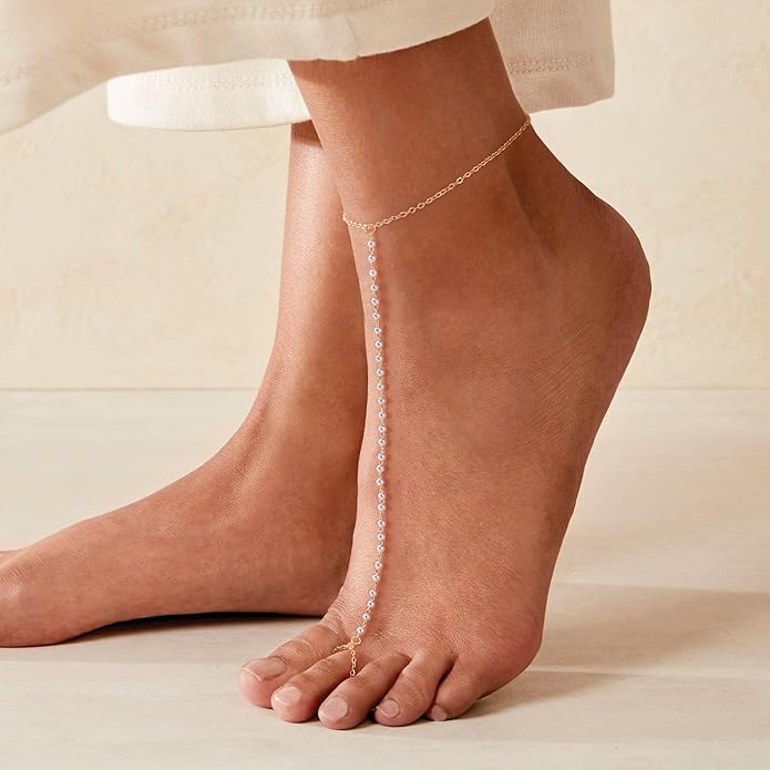 Dainty Anklet for Women - Trendy 14K Gold Plated Ankle Bracelets Adjustable Bead Link Chain Waterproof Pearl CZ Anklets Non Tarnish Foot Jewelry Gift