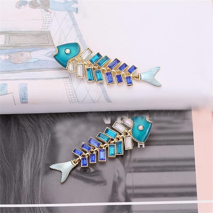 Creative Exaggerated Long Colorful Sparkly Crystal Fish Bone Dangle Drop Earrings Vintage Gold Cute Enamel Diamond Animal metal Stud Earrings