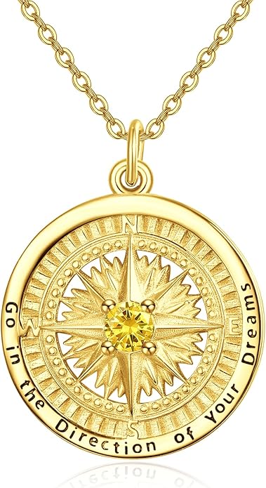 KINGWHYTE Graduation Gifts Birthstone Necklace for Women 925 Sterling Silver Compass Pendant Go in the Direction of your Dream Travel Jewelry Birthday Gift for Her