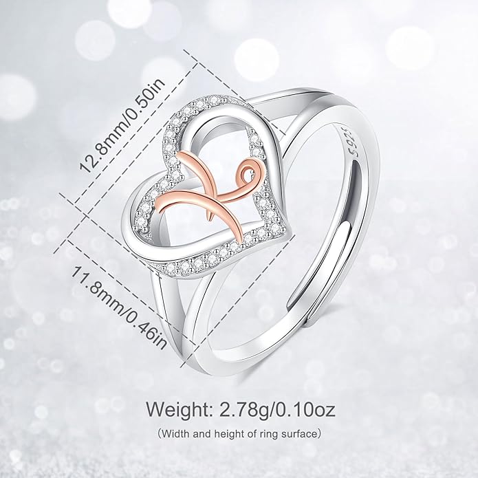 INFUSEU 925 Sterling Silver Initial Heart Ring for Women Girls, Adjustable Size